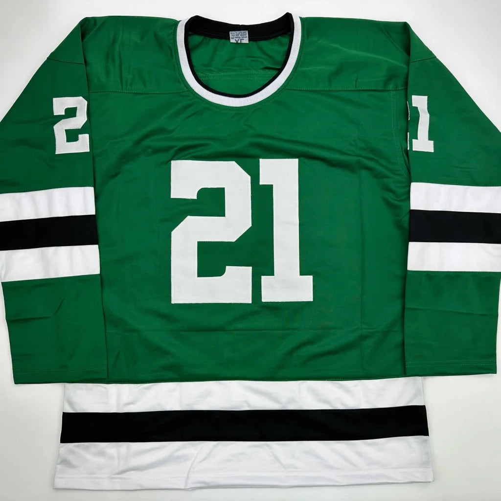 Green hockey jersey with white black stripes and number 21 from Authentic Robertson 21 professional sports league