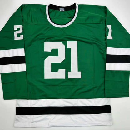 Green hockey jersey with white black stripes and number 21 from Authentic Robertson 21 professional sports league
