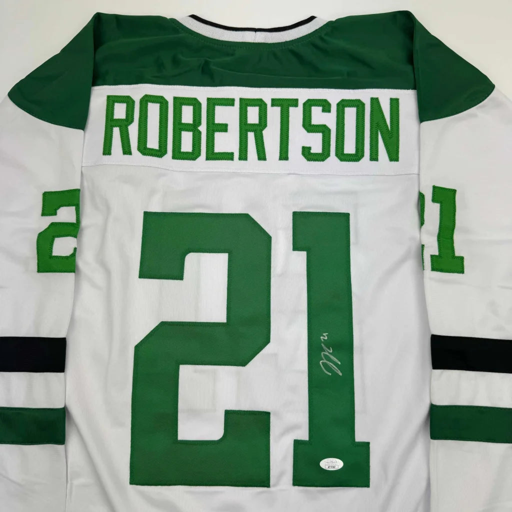 Autographed Jason Robertson Dallas white custom jersey with green 21, JSA COA
