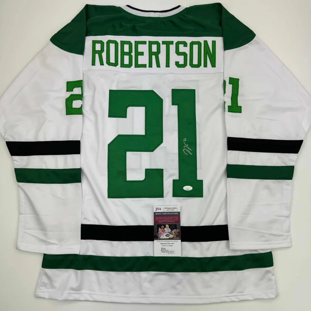 White hockey jersey with green and black trim from Authentic ROBERTSON 21 custom jersey for professional sports league