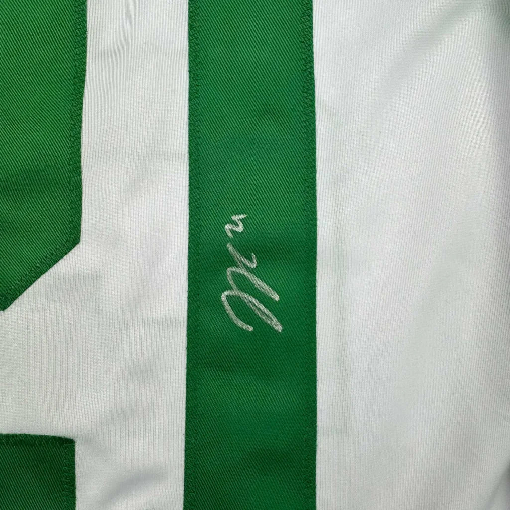 Green and white striped professional sports league custom jersey with signature