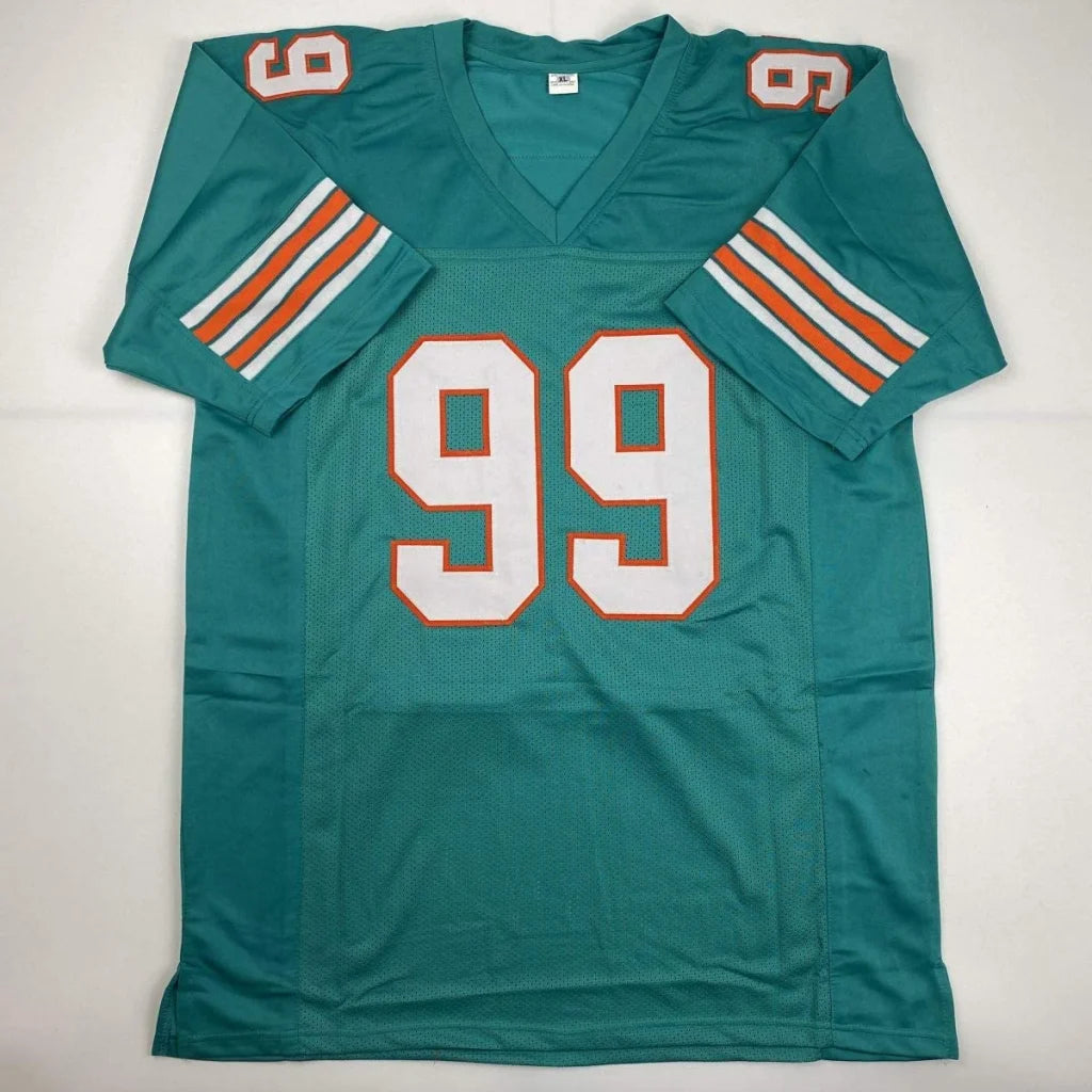 Teal custom jersey with white and orange stripes and 99 for Miami Dolphins fans