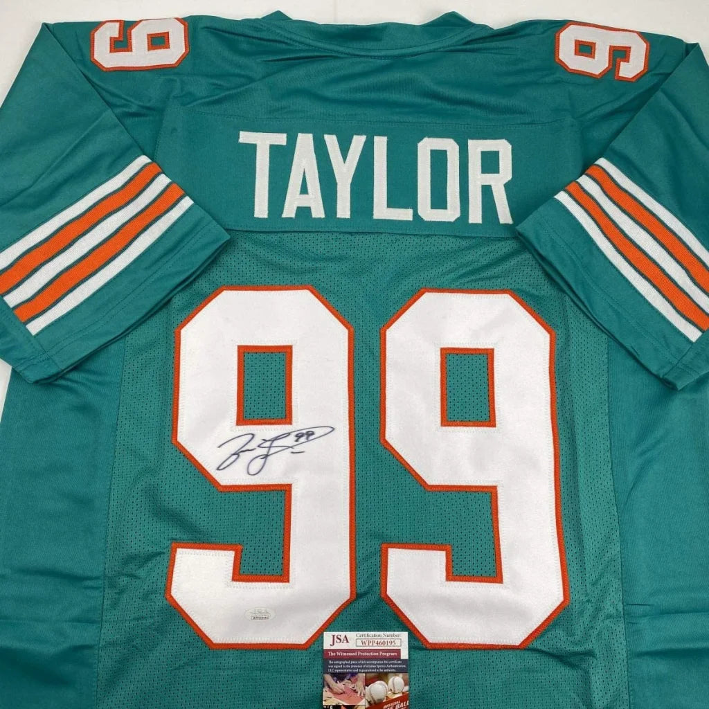 Autographed teal Miami Dolphins custom jersey with Taylor 99 for pro sports league fans
