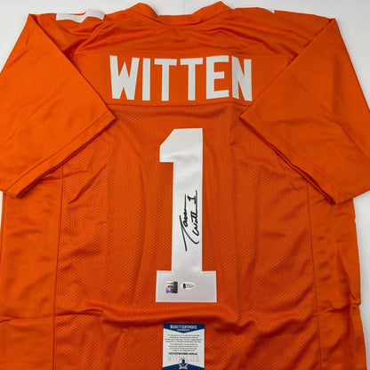 Orange clemson tigers custom jersey featuring signed number 1 witten from professional sports league football