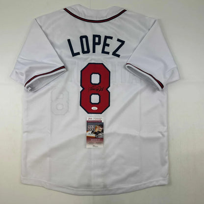 White custom jersey with Lopez 8, autograph, PSA sticker, for professional sports fans