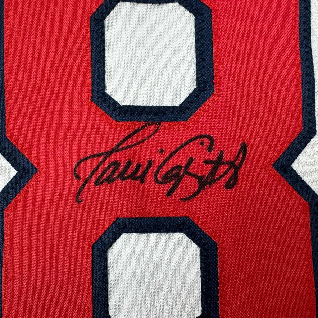 Red custom jersey with black autograph for professional sports fans and sports league collectors