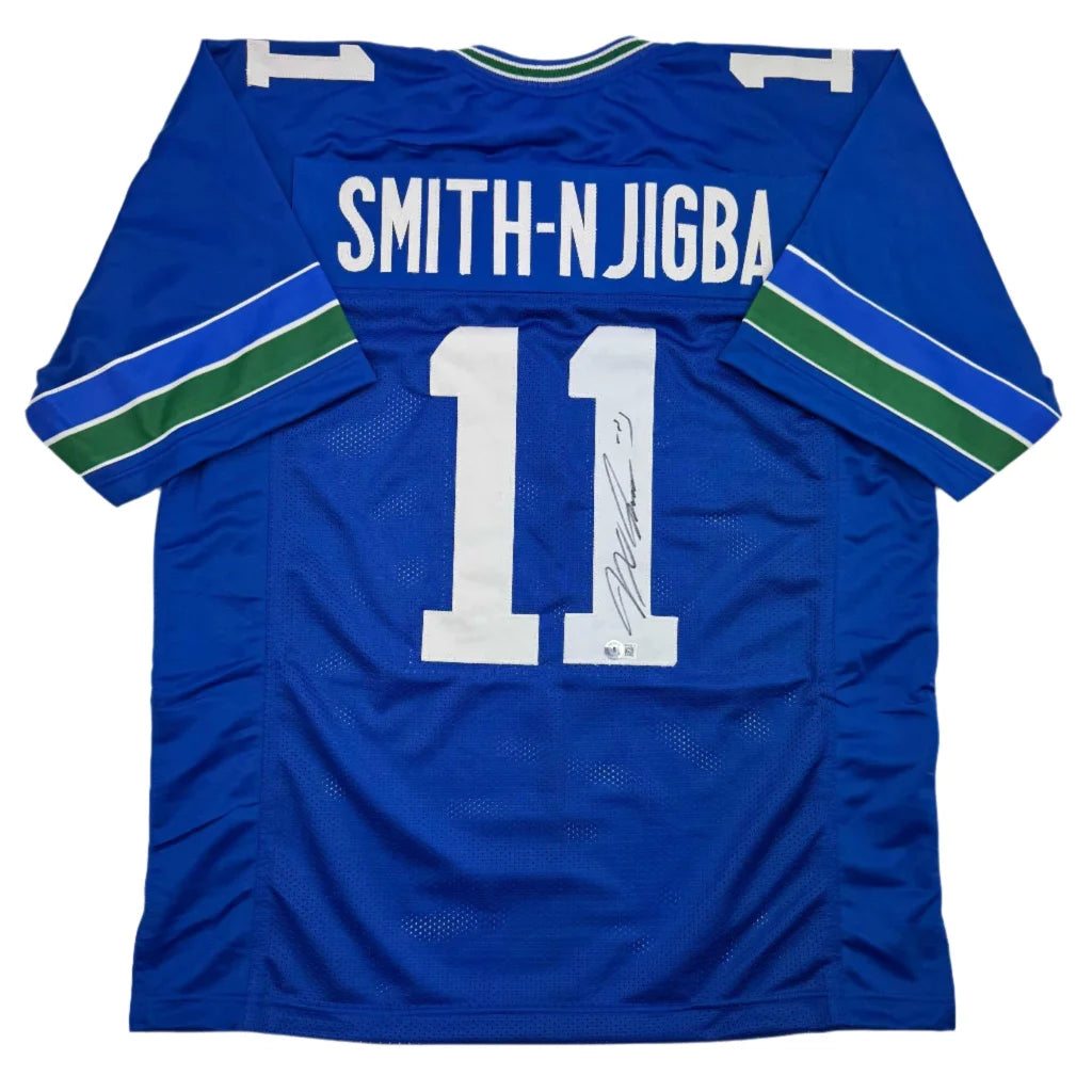 Back of autographed blue seattle seahawks custom jersey with white number 11 and smith-njigba for professional sports league