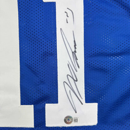 Autographed blue and white mesh custom jersey with black autograph on white number 1 panel from professional sports league