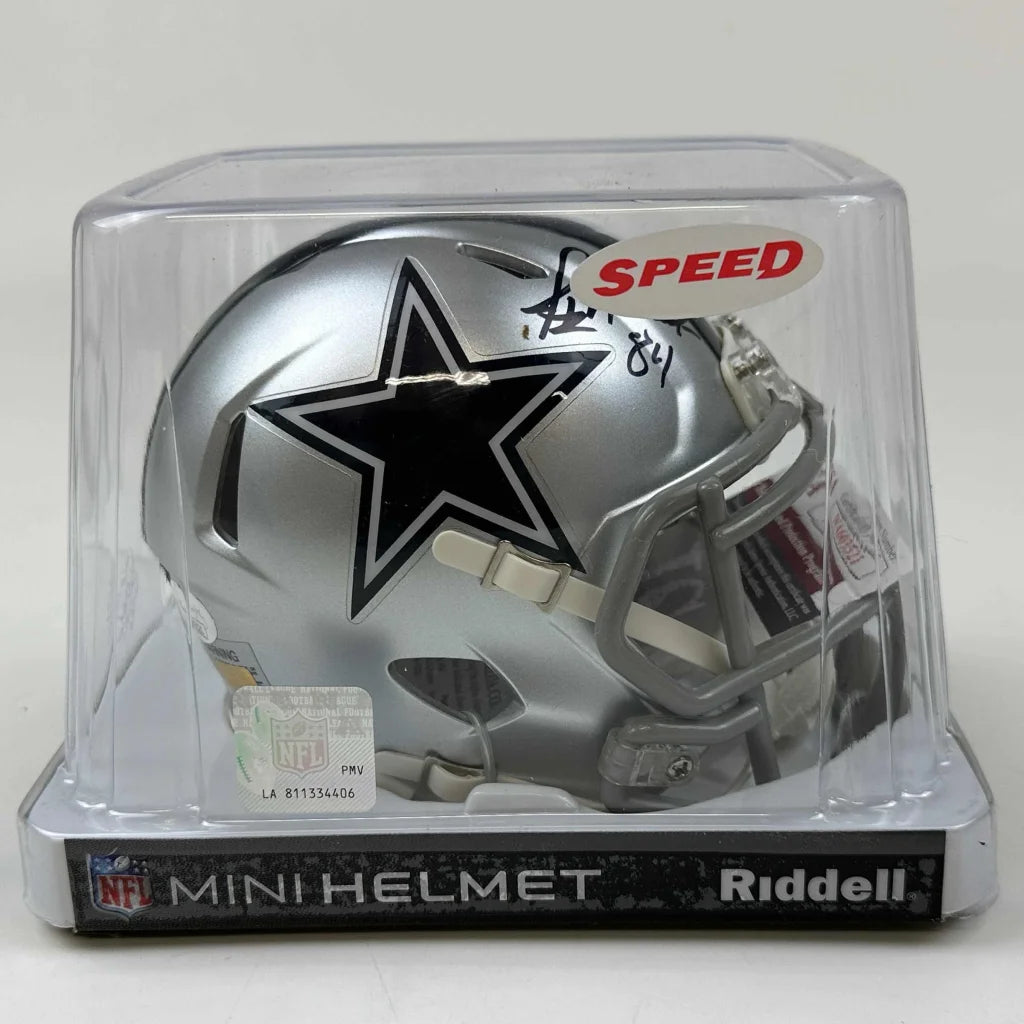 Silver Dallas Cowboys mini helmet with autograph and SPEED sticker for JSA certification