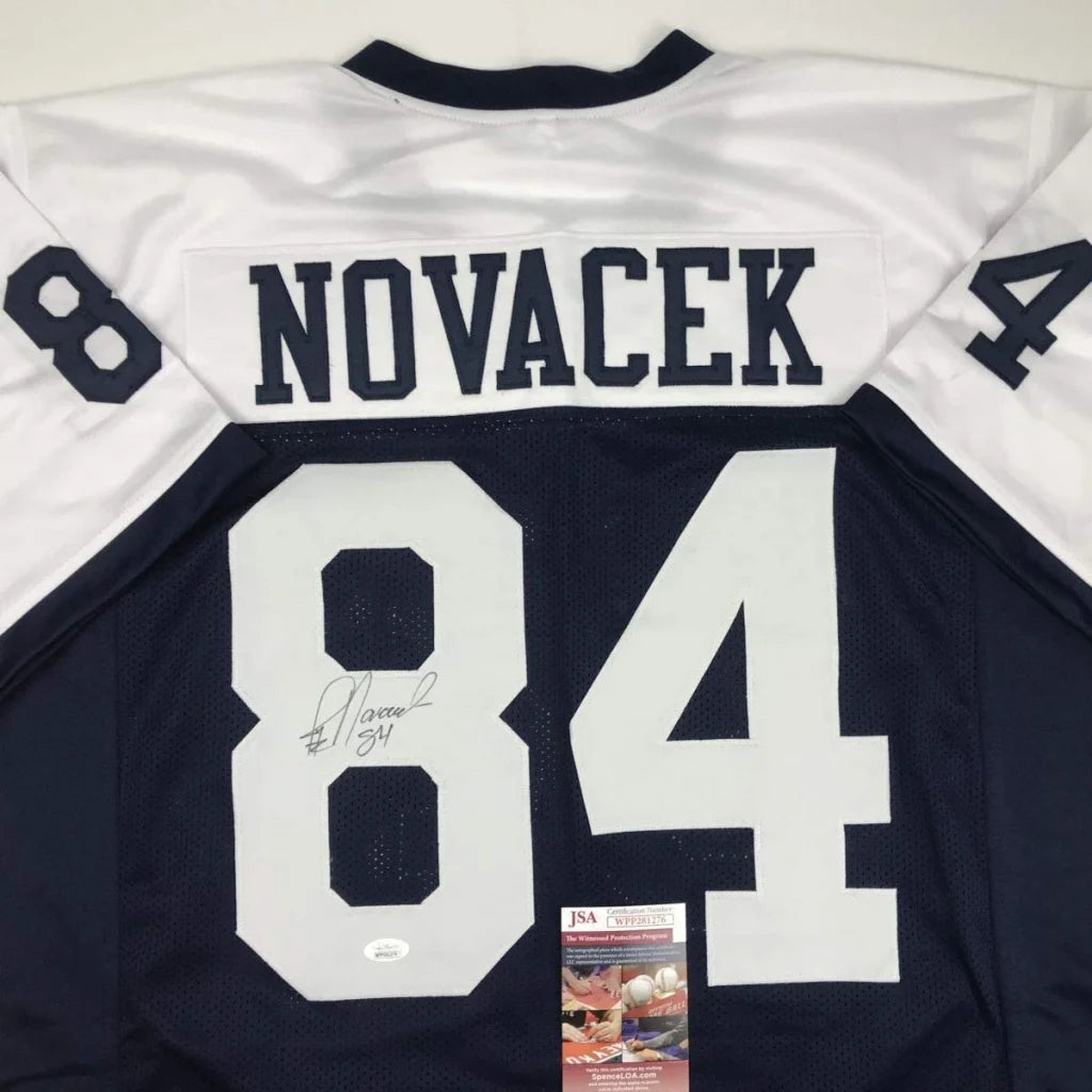 Autographed white and navy Dallas Cowboys Novacek custom jersey for professional sports fans