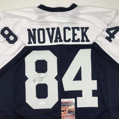 Autographed white and navy Dallas Cowboys Novacek custom jersey for professional sports fans
