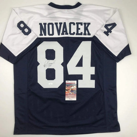 Autographed blue and white #84 Novacek Dallas Cowboys custom jersey for professional sports fans