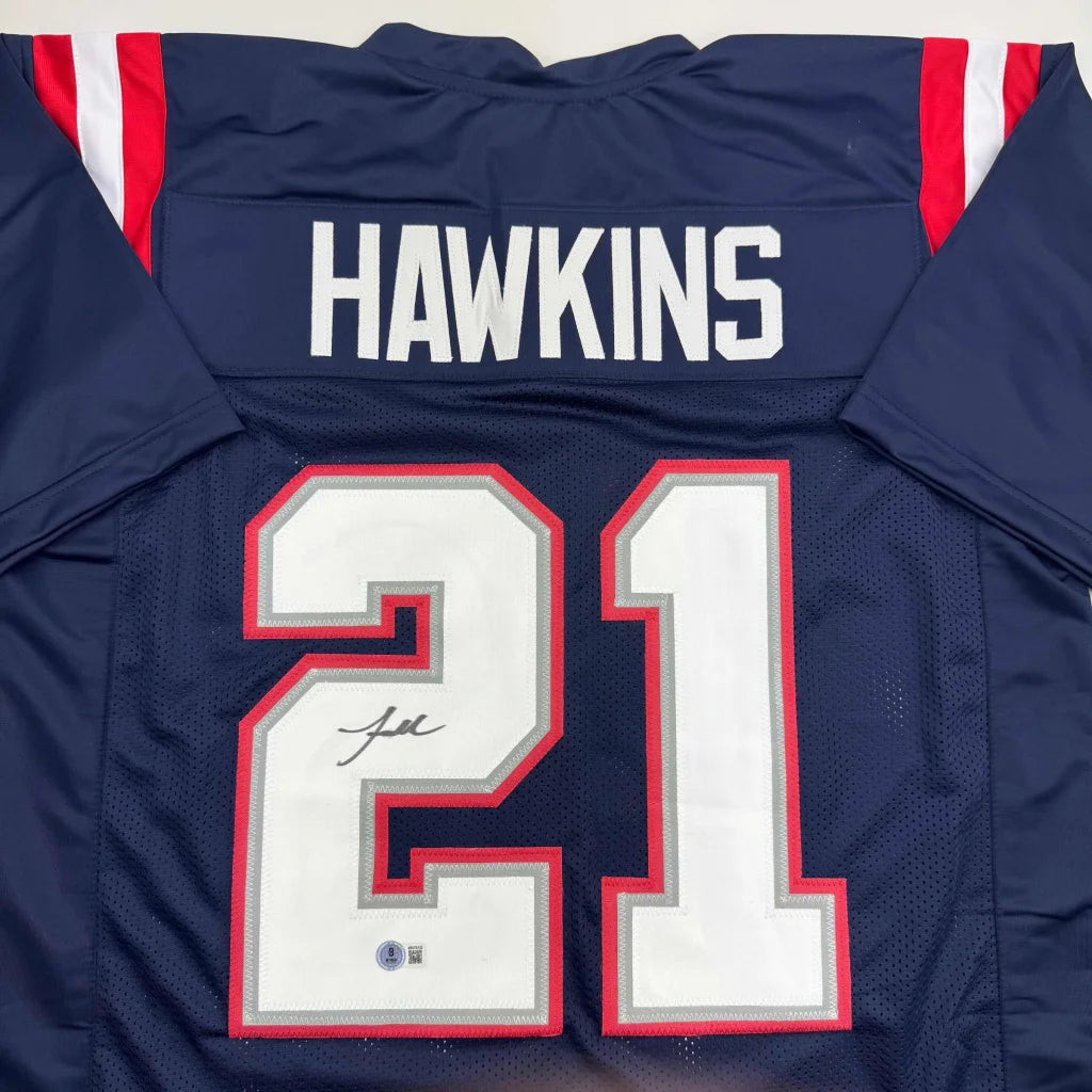 Autographed Jaylinn Hawkins New England Blue Football Jersey Beckett BAS COA | Authenticated Signed Sports Jersey | vintageantiquesgifts.com