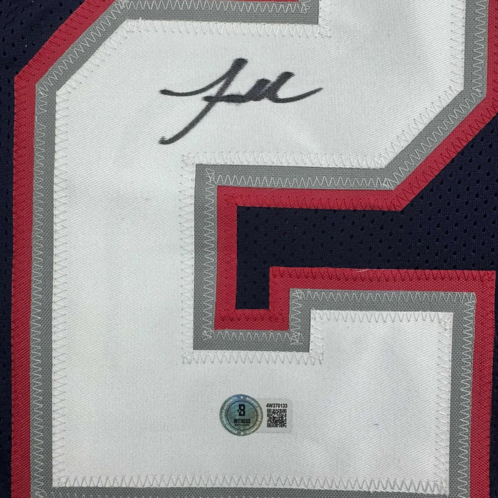 Autographed Jaylinn Hawkins New England Blue Football Jersey Beckett BAS COA | Authenticated Signed Sports Jersey | vintageantiquesgifts.com