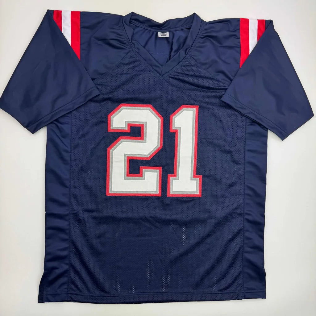 Autographed Jaylinn Hawkins New England Blue Football Jersey Beckett BAS COA | Certified Authentic Signed Memorabilia | vintageantiquesgifts.com