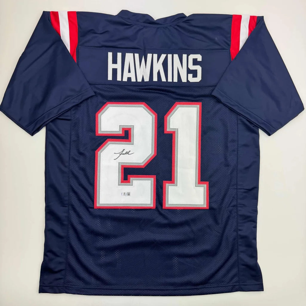 Autographed Jaylinn Hawkins New England Blue Football Jersey Beckett BAS COA | Hall of Fame Sports Memorabilia | vintageantiquesgifts.com