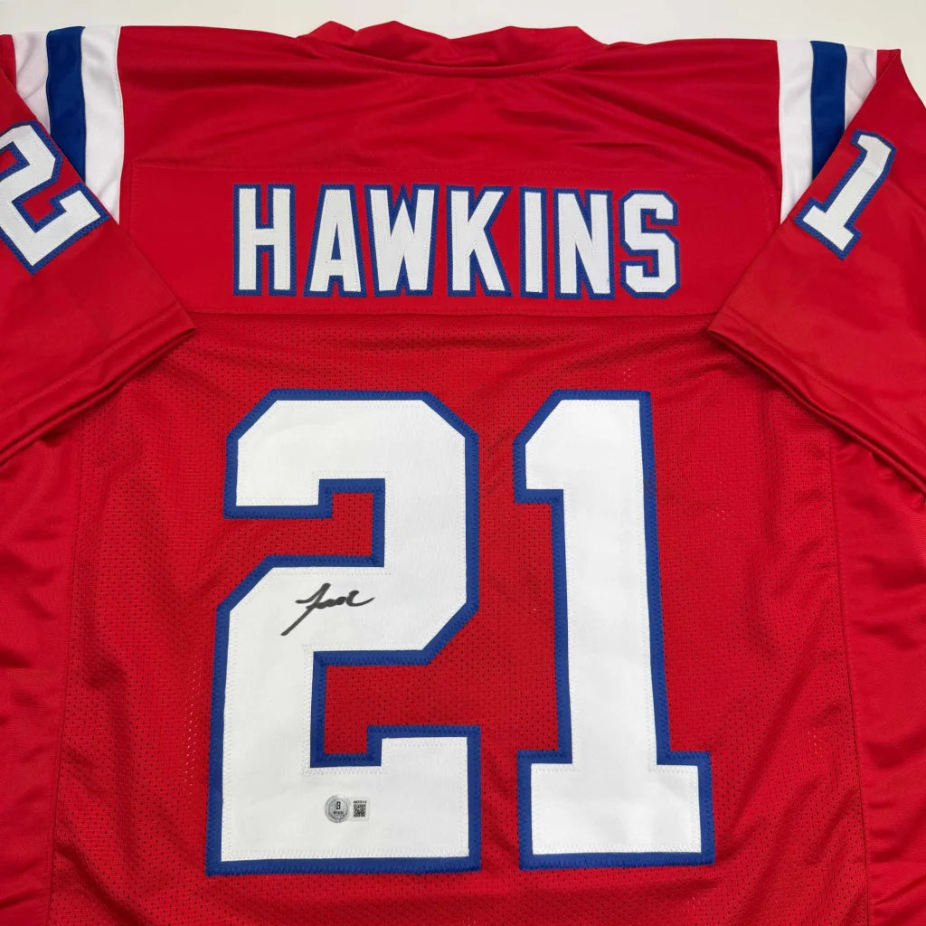 Autographed Jaylinn Hawkins New England Red Football Jersey Beckett BAS COA | Certified Authentic Signed Memorabilia | vintageantiquesgifts.com
