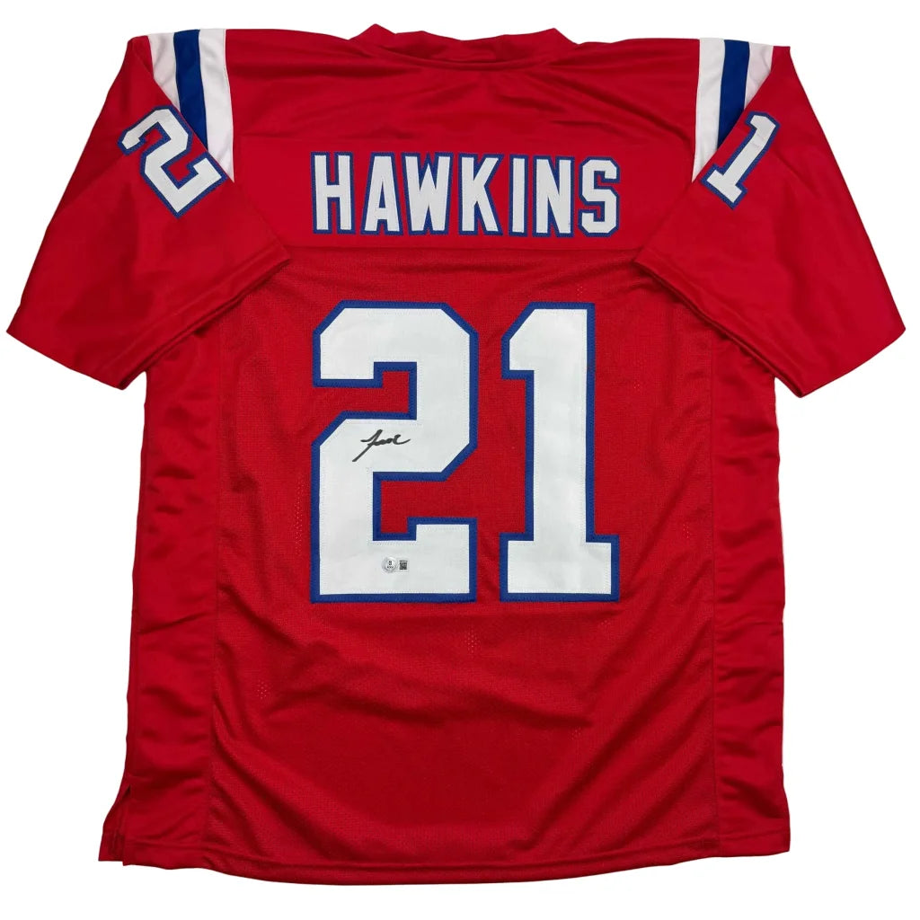 Autographed Jaylinn Hawkins New England Red Football Jersey Beckett BAS COA | Hall of Fame Sports Memorabilia | vintageantiquesgifts.com