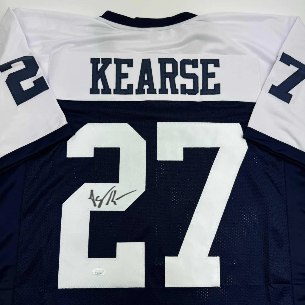 Signed blue and white KEARSE 27 custom jersey from professional sports legend display