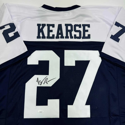 Signed blue and white KEARSE 27 custom jersey from professional sports legend display