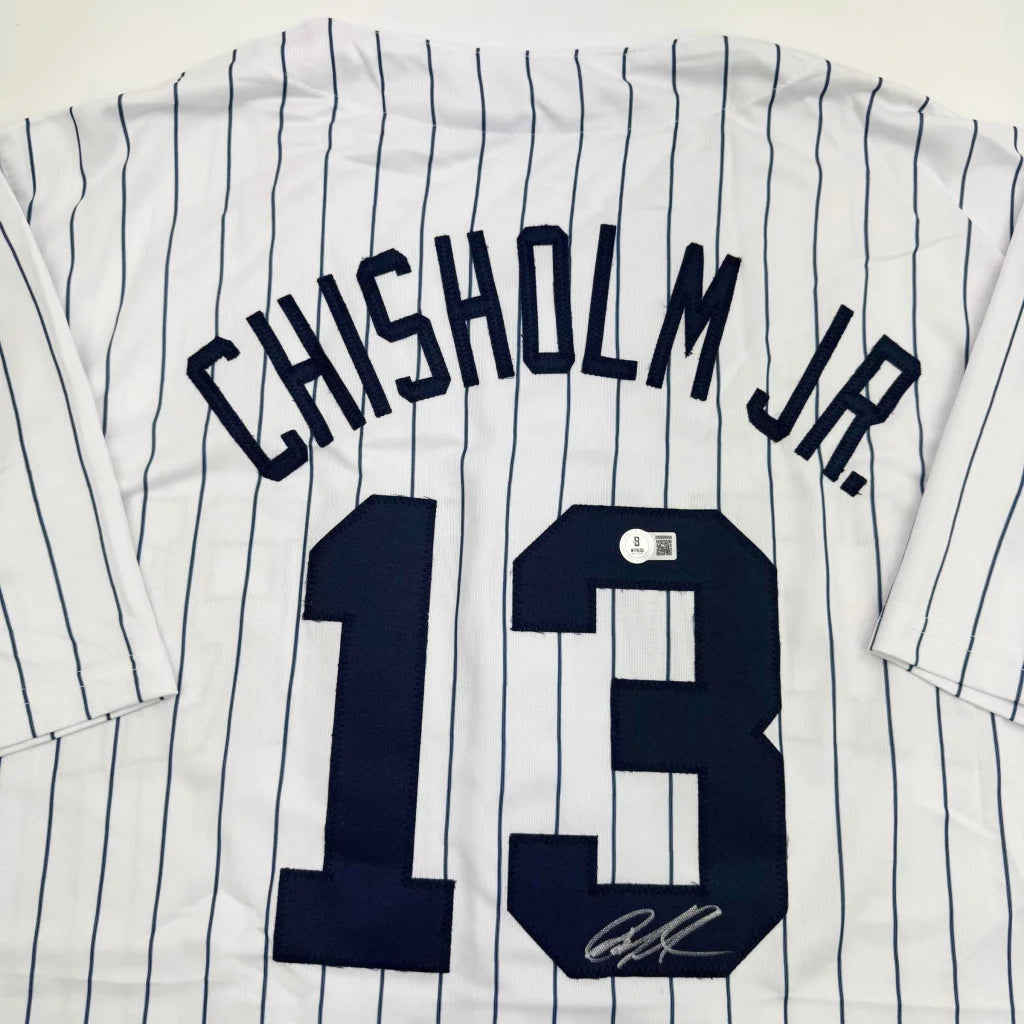 Autographed Jazz Chisholm Jr. New York Pinstripe Baseball Jersey Beckett BAS COA | Certified Authentic Signed Memorabilia | vintageantiquesgifts.com