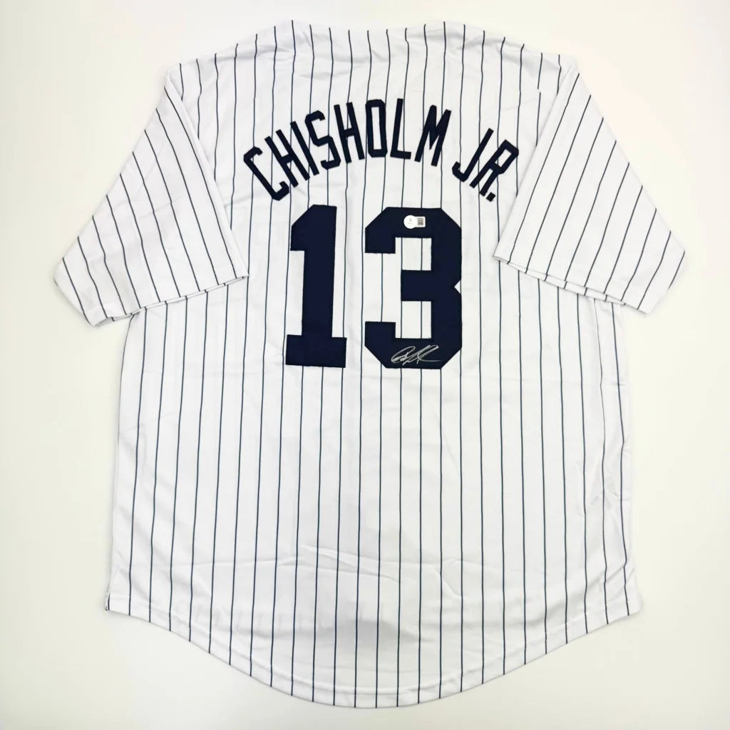 Autographed Jazz Chisholm Jr. New York Pinstripe Baseball Jersey Beckett BAS COA | Hall of Fame Sports Memorabilia | vintageantiquesgifts.com