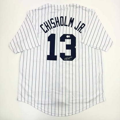 Autographed Jazz Chisholm Jr. New York Pinstripe Baseball Jersey Beckett BAS COA | Hall of Fame Sports Memorabilia | vintageantiquesgifts.com