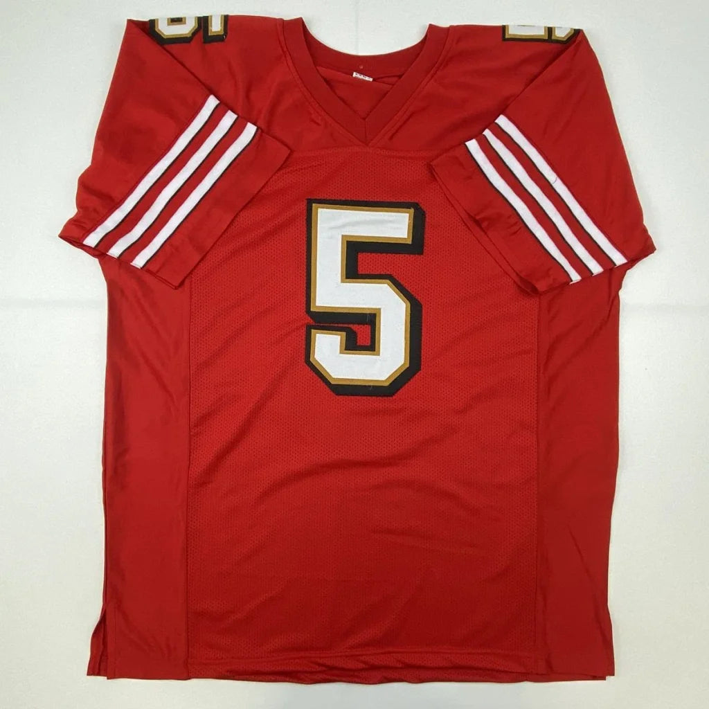 Autographed jeff garcia san francisco red football custom jersey with white and gold number five and sleeve stripes for professional sports league fans