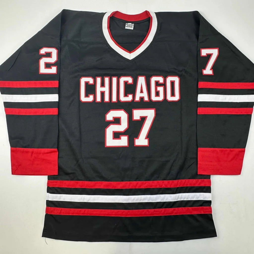 Black and red custom hockey jersey from professional sports league era featuring white trim