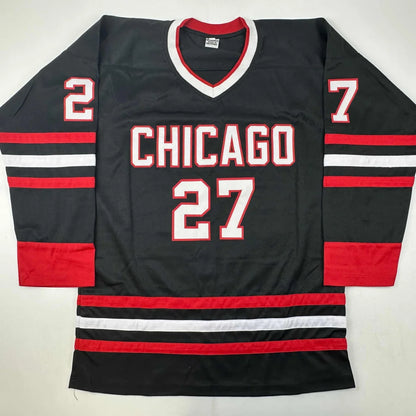 Black and red custom hockey jersey from professional sports league era featuring white trim