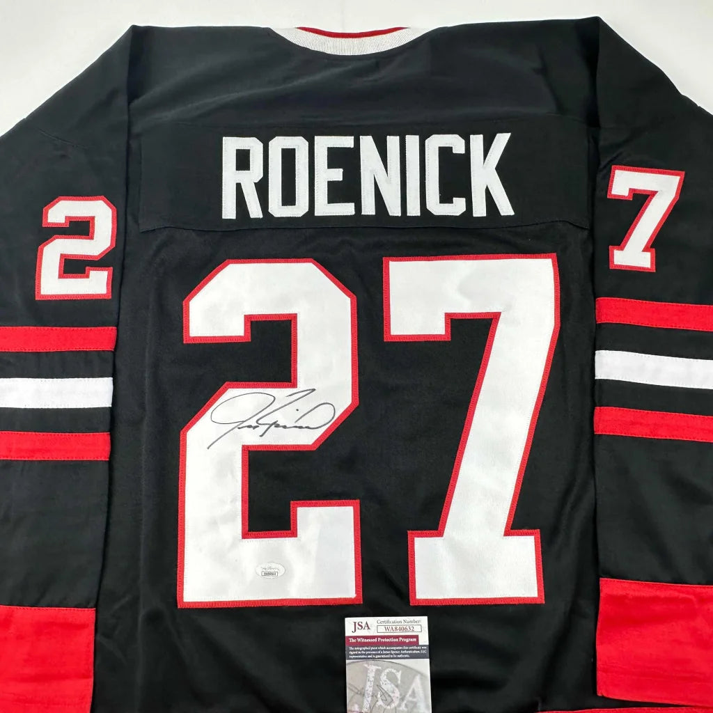 Autographed black professional sports league custom jersey with ROENICK 27 back display