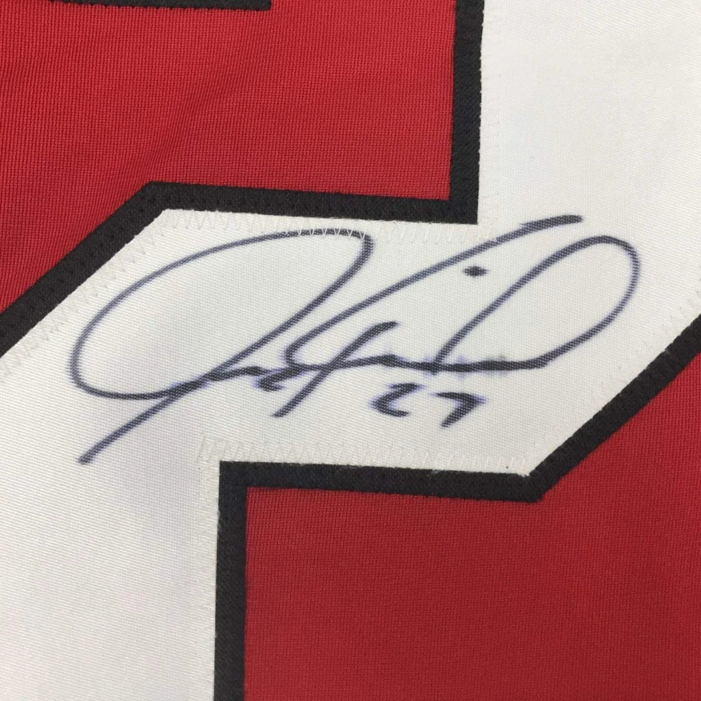 Autographed Jeremy Roenick custom Chicago Red jersey with ink signature and 27 on black-bordered patch, JSA COA