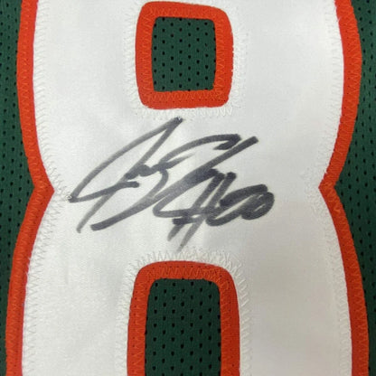 Autographed Jeremy Shockey Miami green custom jersey with white and orange number eight and green mesh panels for professional sports league