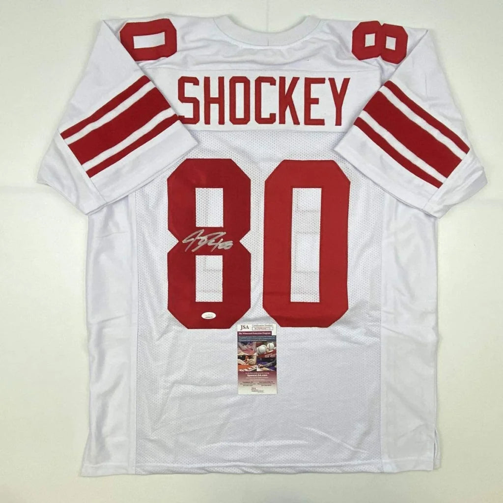 Autographed Jeremy Shockey New York White Football Jersey with JSA COA, perfect for pro sports fans