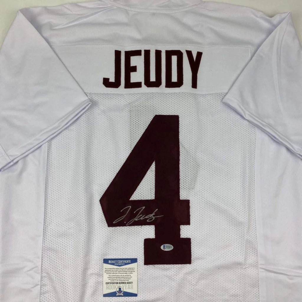 Signed Jerry Jeudy custom jersey number 4 in white and maroon