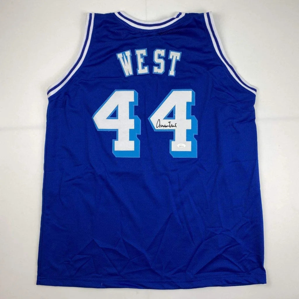 Autographed Jerry West royal blue custom jersey back, number 44, JSA COA