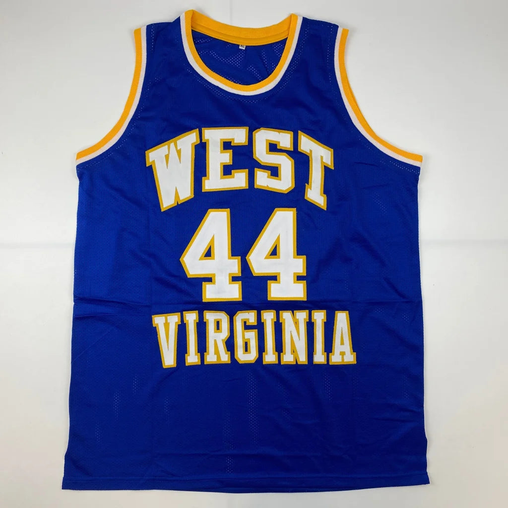 Autographed Jerry West custom jersey in blue and gold West Virginia style with number 44