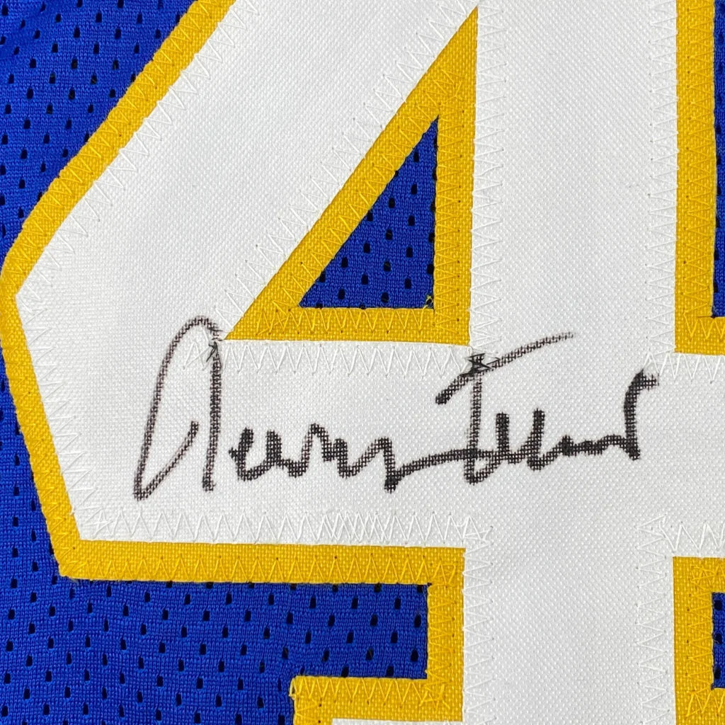 Autographed Jerry West custom jersey on white mesh with blue yellow trim