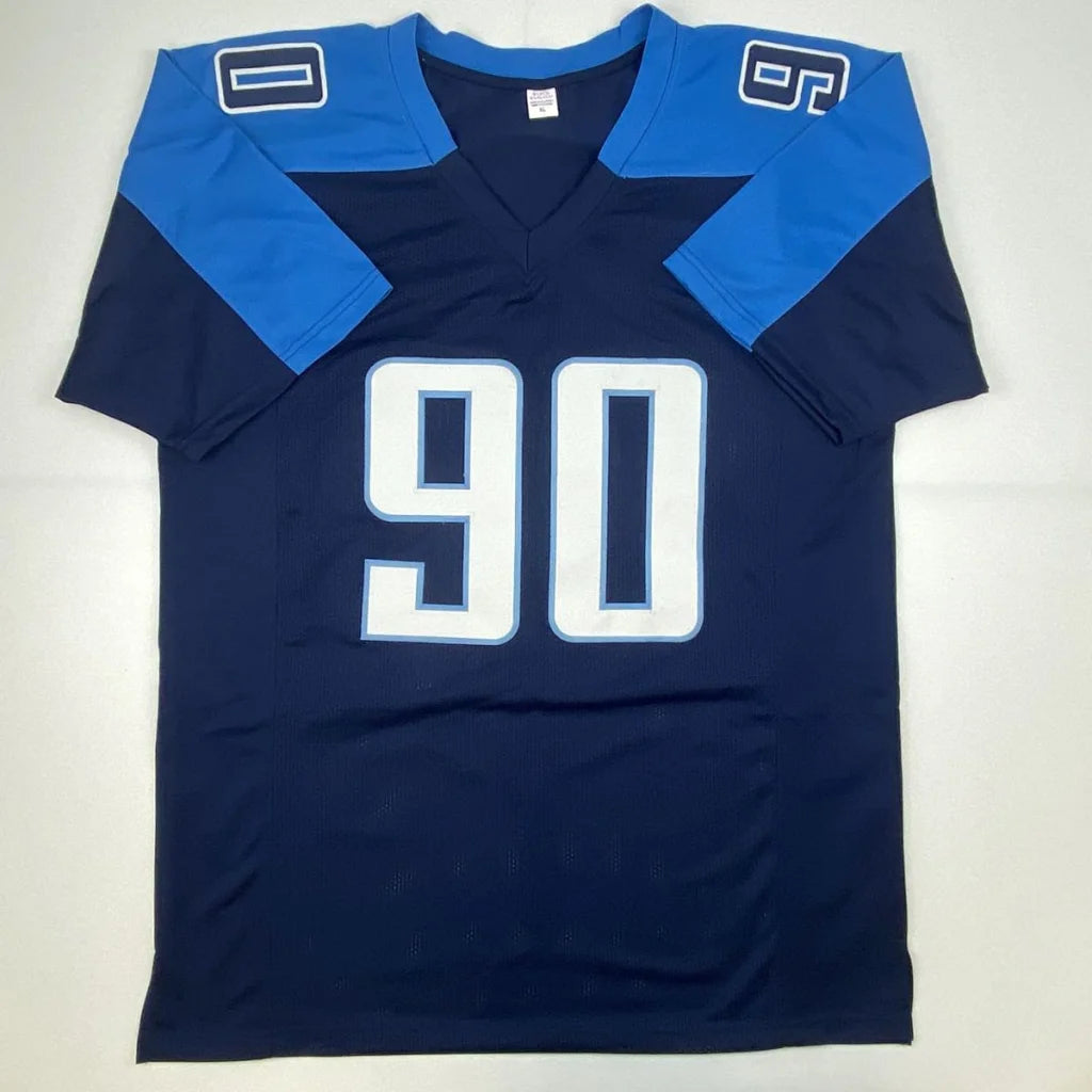 Autographed custom navy and royal blue jevon kearse tennessee titans football jersey with white number 90 professional sports league