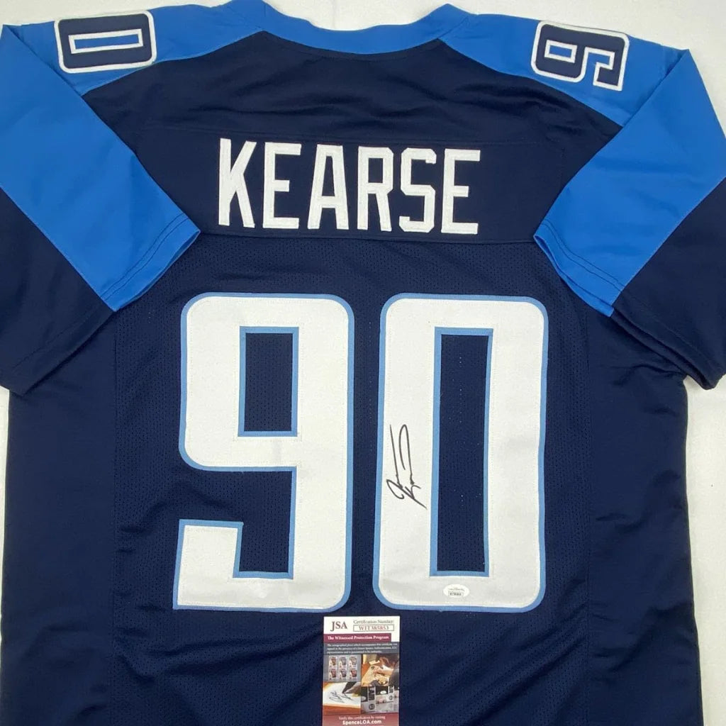 Autographed navy blue and light blue Jevon Kearse Tennessee Titans custom jersey with white number 90 from professional sports league