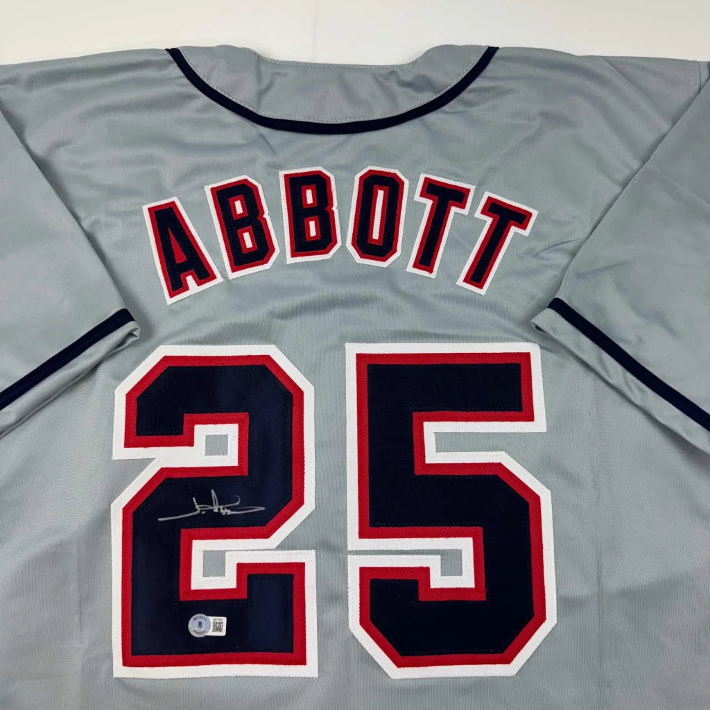 Autographed Jim Abbott California Grey Baseball Jersey Beckett BAS COA | Certified Authentic Signed Memorabilia | vintageantiquesgifts.com