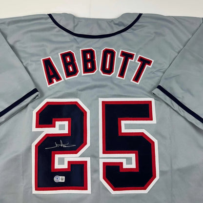 Autographed Jim Abbott California Grey Baseball Jersey Beckett BAS COA | Certified Authentic Signed Memorabilia | vintageantiquesgifts.com