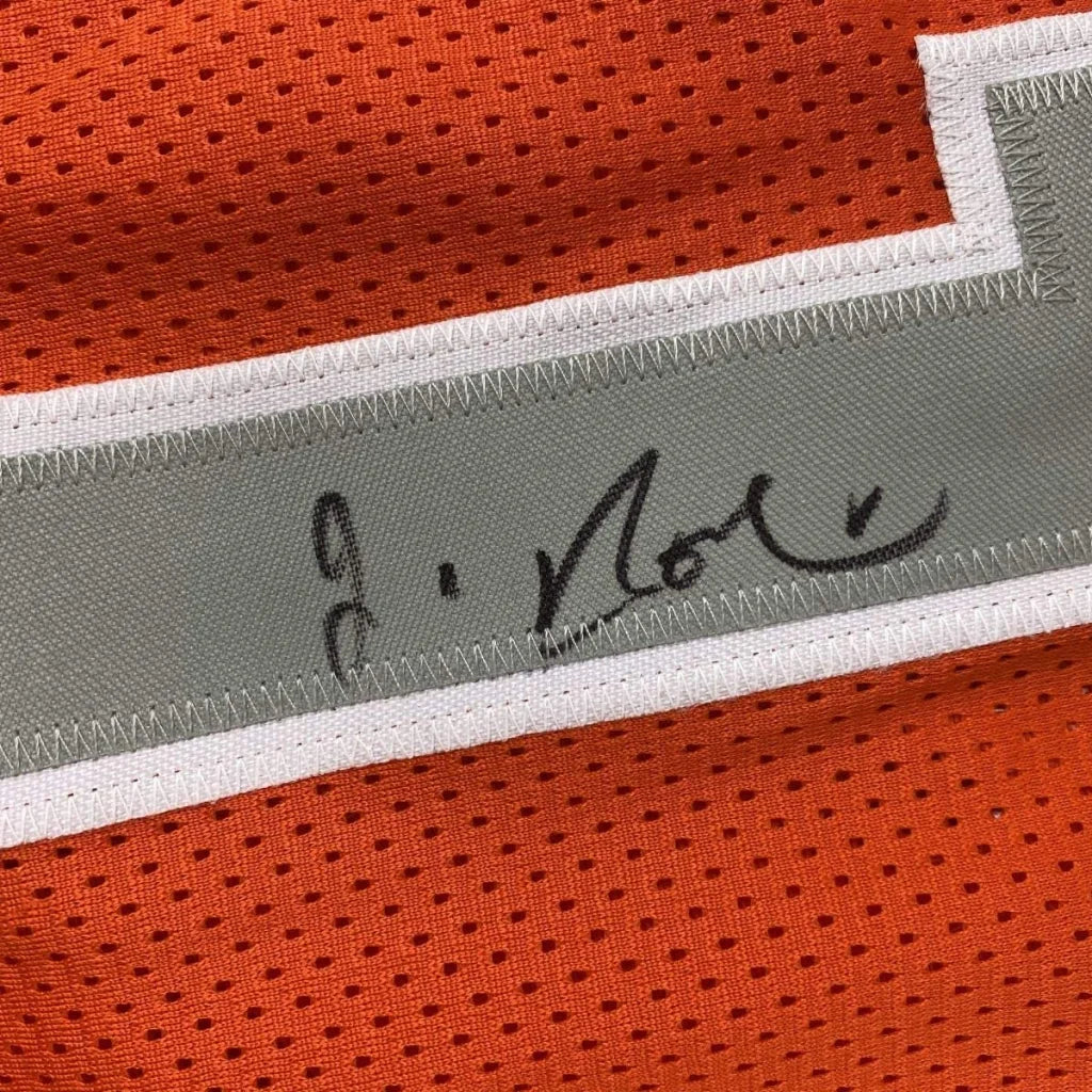 Orange mesh athletic jersey with grey white trim and Jim Boeheim autograph for professional sports