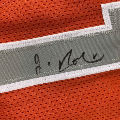 Orange mesh athletic jersey with grey white trim and Jim Boeheim autograph for professional sports