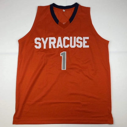 Orange Jim Boeheim custom jersey with V-neck and dark blue trim for professional sports