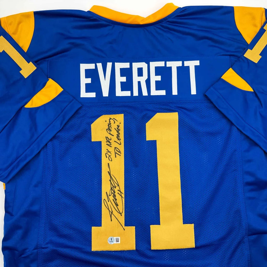 Autographed Jim Everett 2x Passing TD Leader Los Angeles LA Blue Football Jersey Beckett BAS COA | Certified Authentic Signed Memorabilia | vintageantiquesgifts.com