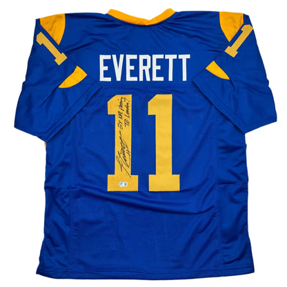Autographed Jim Everett 2x Passing TD Leader Los Angeles LA Blue Football Jersey Beckett BAS COA | Hall of Fame Sports Memorabilia | vintageantiquesgifts.com