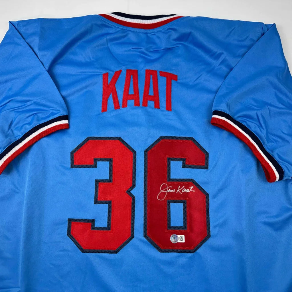 Autographed Jim Kaat Minnesota Light Blue Baseball Jersey Beckett BAS COA | Certified Authentic Signed Memorabilia | vintageantiquesgifts.com