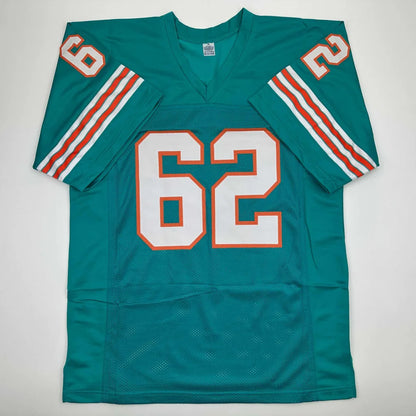 Teal blue custom jersey with white and orange stripes and 62, perfect for professional sports fans