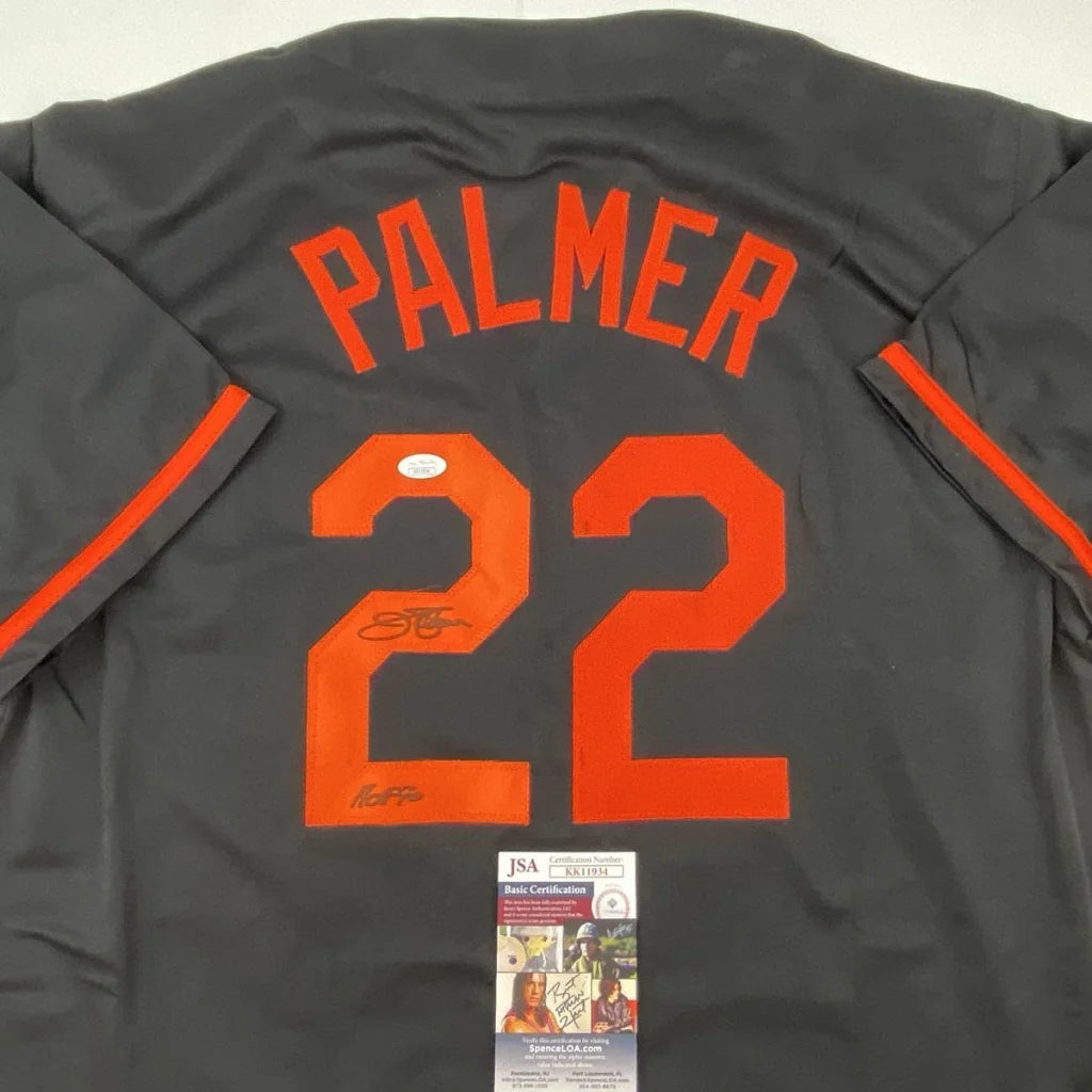 Autographed Jim Palmer HOF black custom jersey back, Palmer 22, JSA COA